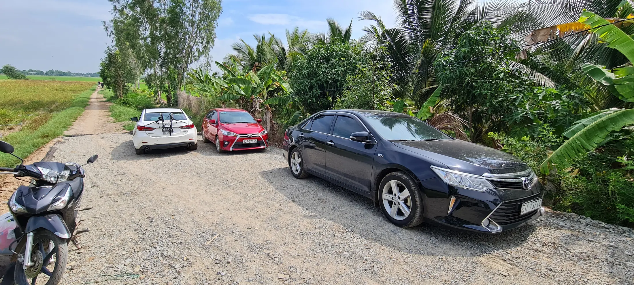 Guest vehicles parked on a broad gravel area near the farmstay